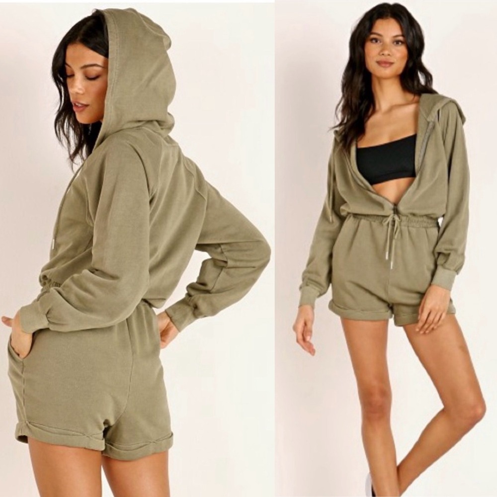 L*Space Stay Cool French Terry Zip Up Hooded Romper Washed Army Green Size Large